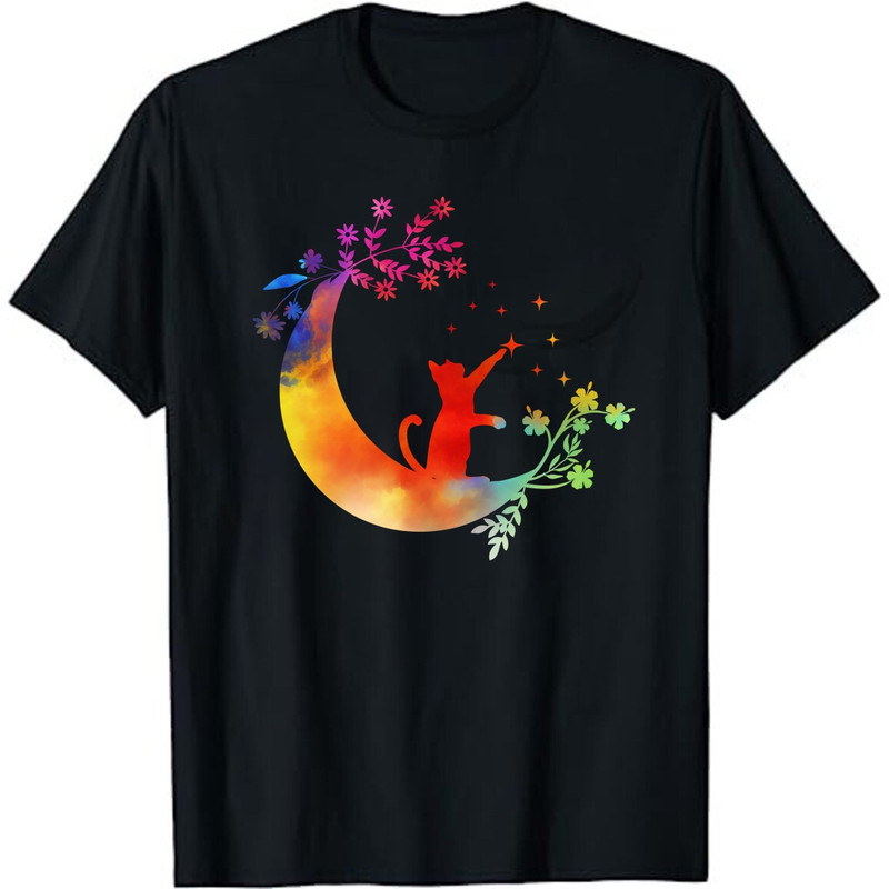 Cat Moon Flower Art Nature Kitty Cats Unisex T-Shirt.jpg