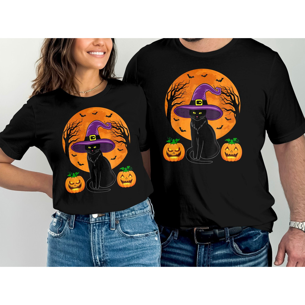 Cute Halloween Black Cat Witch Hat Pumpkin For Kids Girls T-Shirt, Toddler Girl Halloween Costume Top, Halloween Party Outfit.jpg