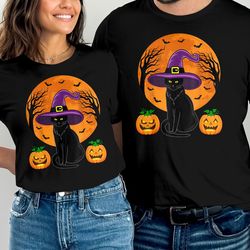 cute halloween black cat witch hat pumpkin for kids girls t-shirt, toddler girl halloween costume top, halloween party o