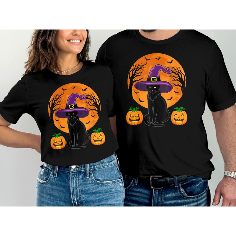 Cute Halloween Black Cat Witch Hat Pumpkin For Kids Girls T-Shirt, Toddler Girl Halloween Costume Top, Halloween Party Outfit.jpg
