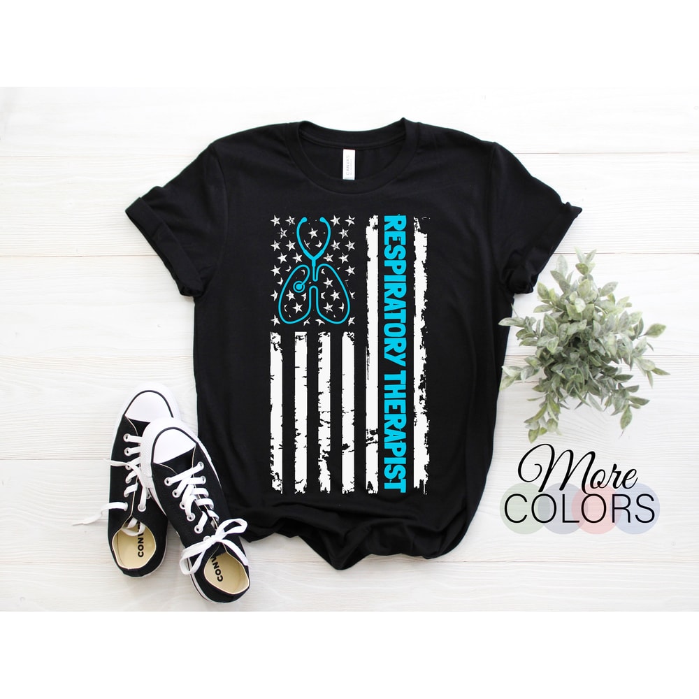 Respiratory American Flag USA US Therapist Stethoscope With Heart RT Nurse T-Shirt, Future Proud Therapist Gift, Birthday Christmas Outfit.jpg