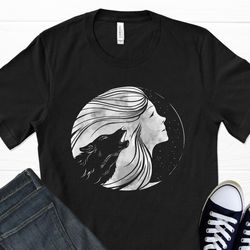 moon woman t-shirt, wolf shirt, wolf gifts, wolf art, wolf head, aesthetic shirt, celestial shirt, mystical shirt graphi