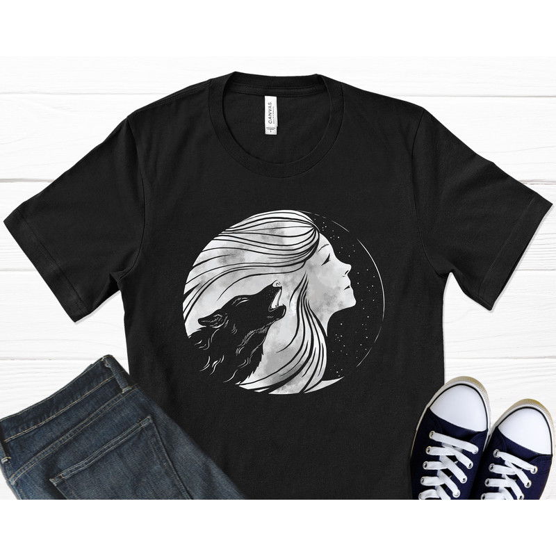 Moon Woman T-Shirt, Wolf Shirt, Wolf Gifts, Wolf Art, Wolf Head, Aesthetic Shirt, Celestial Shirt, Mystical Shirt Graphic T-Shirt.jpg