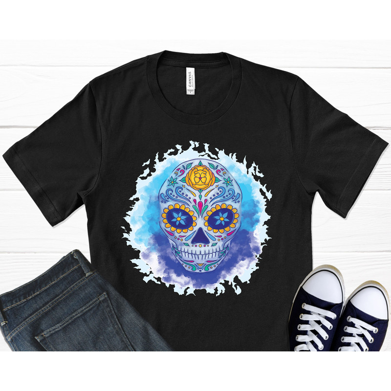 Sugar Skull Watercolor T-Shirt, Day Of The Dead, Skull Art Print, Mexican Art, Floral Shirt, Dia De Los Muertos, Graphic T-Shirt.jpg