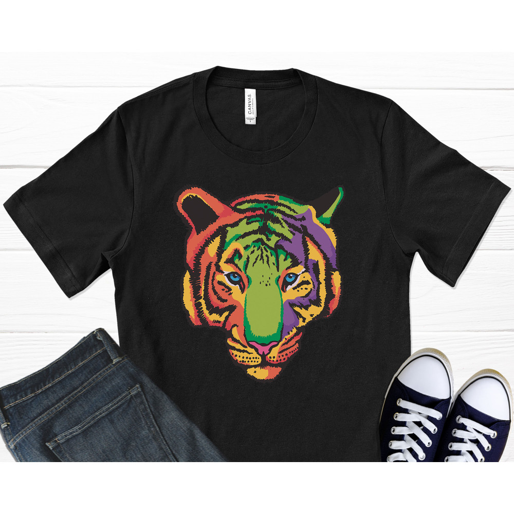 Colorful Tiger T-Shirt, Tiger Head, Tiger Decal, Tiger Print, Tiger King, Animal Head, Tiger Art, Colorful Clothing, Graphic T-Shirt.jpg