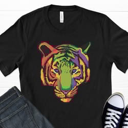 colorful tiger t-shirt, tiger head, tiger decal, tiger print, tiger king, animal head, tiger art, colorful clothing, gra