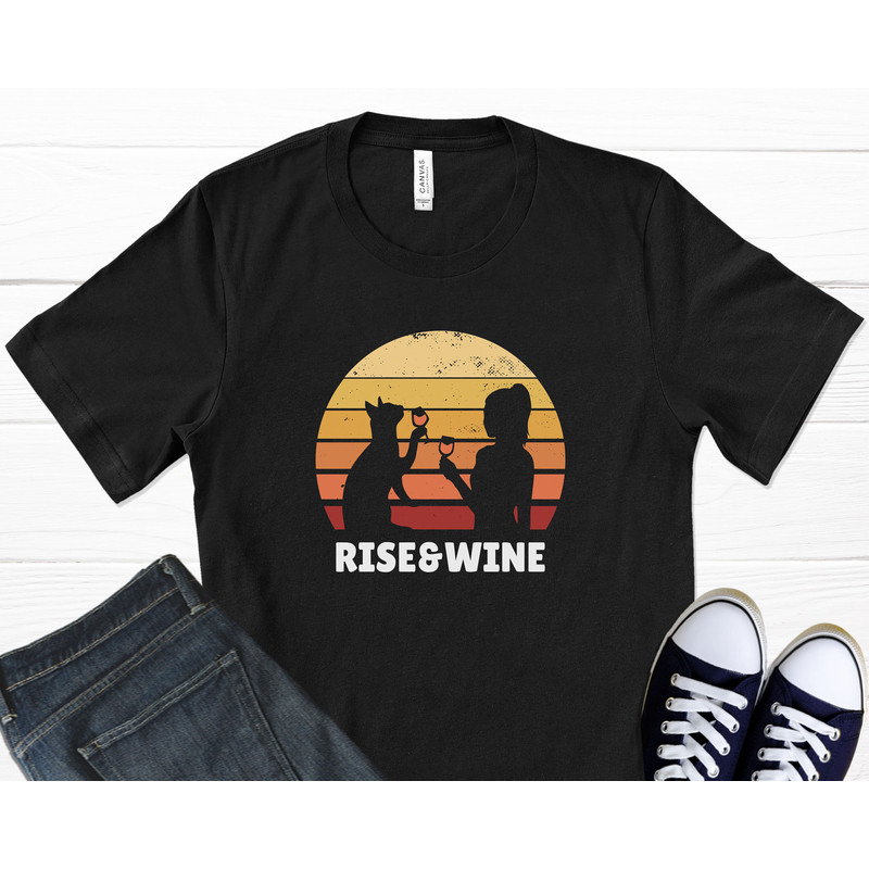 Rise Wine Sunset T-Shirt, Retro Sunset, Retro Shirt, Sunset Print, Cat Shirt, Cat Gifts, Wine Shirt, Wine Lover Gift, Graphic T-Shirt.jpg