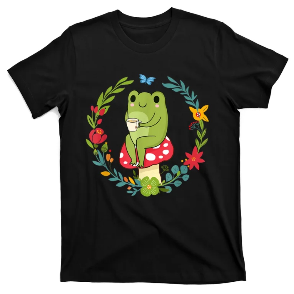 Cottagecore Aesthetic Frog Drinking Tea On Mushroom Cute T-Shirt.jpg