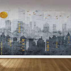 Modern Wall Print, Gold Sun Wall Decals, Landscape Paper Craft, Abstract City Landscape Wallpaper, Office Wall Paper, Re