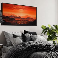 Orange Mountain Sunset Minimalist Painting Canvas Print, Abstract Sunset Landscape Wall Art Framed Ready To Hang
