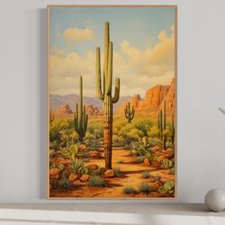 Saguaro Cactus Painting, Sonoran Desert Arizona Vertical Canvas Print - Southwestern Landscape Wall Art Framed Unframed