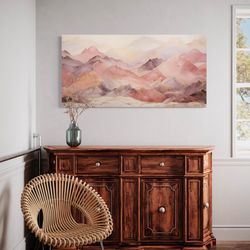 Pink Brown Wall Art, Abstract Marble Mountain Landscape Painting Canvas Print, Long Horizontal Living Room Bedroom Decor
