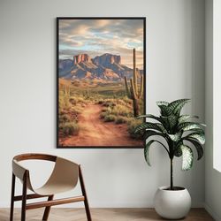 Sonoran Desert Arizona Painting With Saguaro Cactus Vertical  Canvas Print - Southwestern Landscape Wall Art Framed Unfr