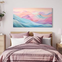 Pink Blue Pastel Wall Art, Abstract Marble Mountain Landscape Painting Canvas Print, Long Horizontal Living Room Bedroom
