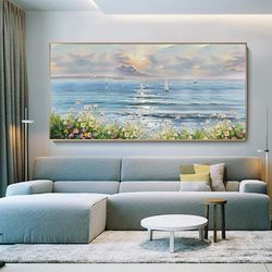 Large Sunrise Seascape Oil Painting On Canvas, Original Ocean Scenery Acrylic Painting, Abstract Sailboat Art, Living Ro