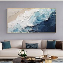 Original Abstract Seascape Oil Painting On Canvas, Blue Sea Painting, White Ocean Waves Painting, Large Wall Art, Living