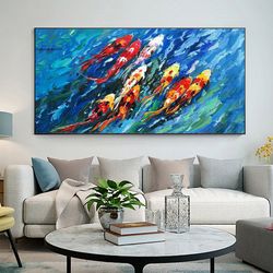 Large Colorful Koi Fish Oil Painting on Canvas, Original Ocean Painting, Abstract Seascape Painting, Boho Wall Art, Bedr
