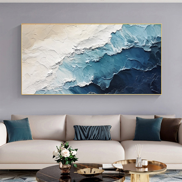 Large Original Seascape Oil Painting On Canvas, Abstract Blue Sea Painting, White Ocean Waves Art, Texture Wall Art, Living Room Wall Decor.jpg