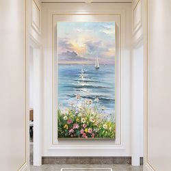 Large Original Seascape Oil Painting On Canvas, Abstract Blue Ocean Acrylic Art, Colorful Flower Landscape Nautical Sail