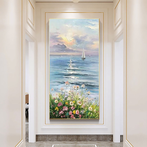 Large Original Seascape Oil Painting On Canvas, Abstract Blue Ocean Acrylic Art, Colorful Flower Landscape Nautical Sailboat Decor Painting.jpg