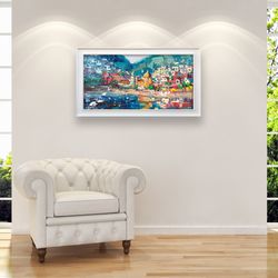Positano Painting on Canvas, Original Art, Italy Amalfi Coast, Abstract Seascape Painting, Living Room Wall Decor, Large
