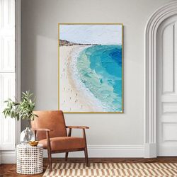 Abstract Beach Canvas Painting,Large Original Sunshine Ocean Coast Seascape Oil Painting Wall Art, Modern Blue Beige Liv
