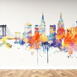 Watercolor City Wall Paper, Colorful Wall Decor, Landscape Wall Art, Cityscape Wall Print, Self Adhesive Paper, Office W
