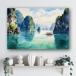 Ha Long Bay Vietnam Canvas Wall Art  Watercolor Landscape Painting  Asian Decor  Framed Vietnam Art  Gift for Her and Ho