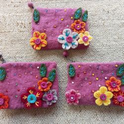 Set of 3 Pink Color Handmade Felt Coin Purse,Wool Pouch with Zipper