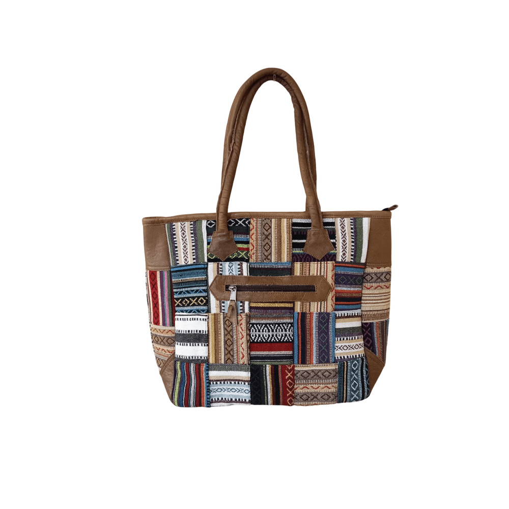 Vibrant Cotton Leather Patchwork Tote Bag MultiColor With Zipper Closure 0