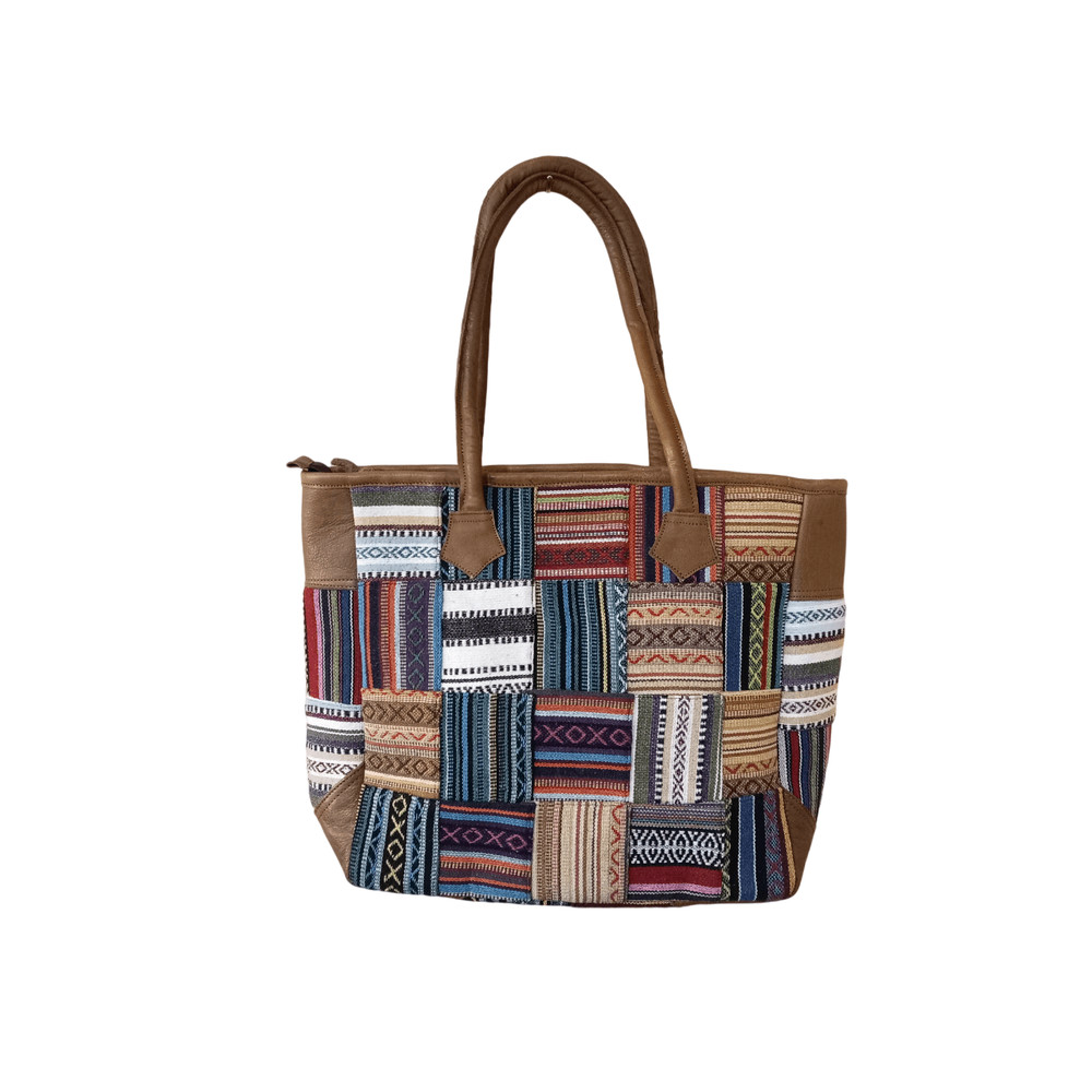 Vibrant Cotton Leather Patchwork Tote Bag MultiColor With Zipper Closure 1