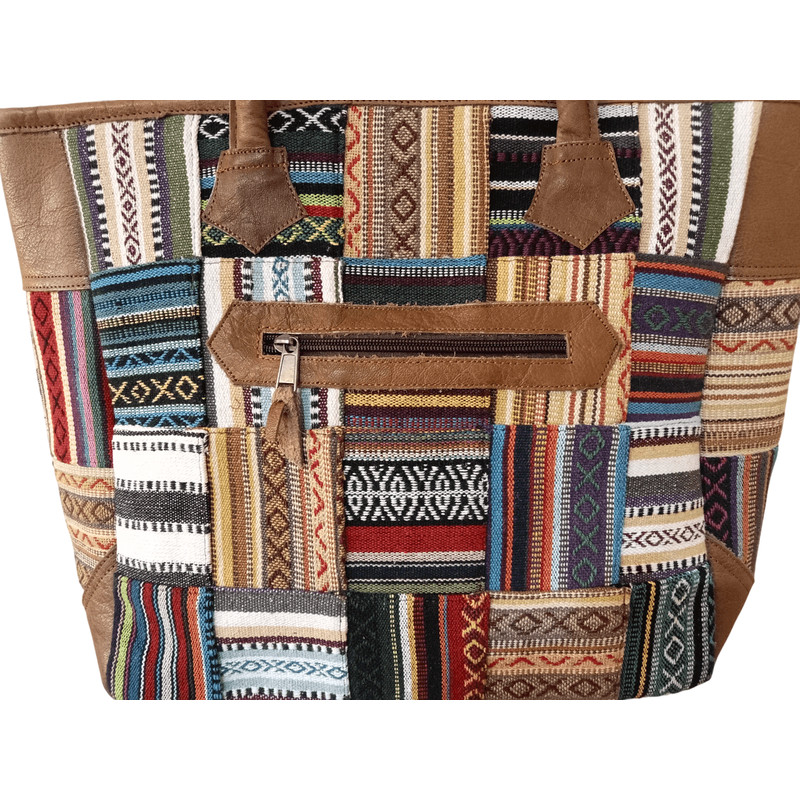 Vibrant Cotton Leather Patchwork Tote Bag MultiColor With Zipper Closure 2