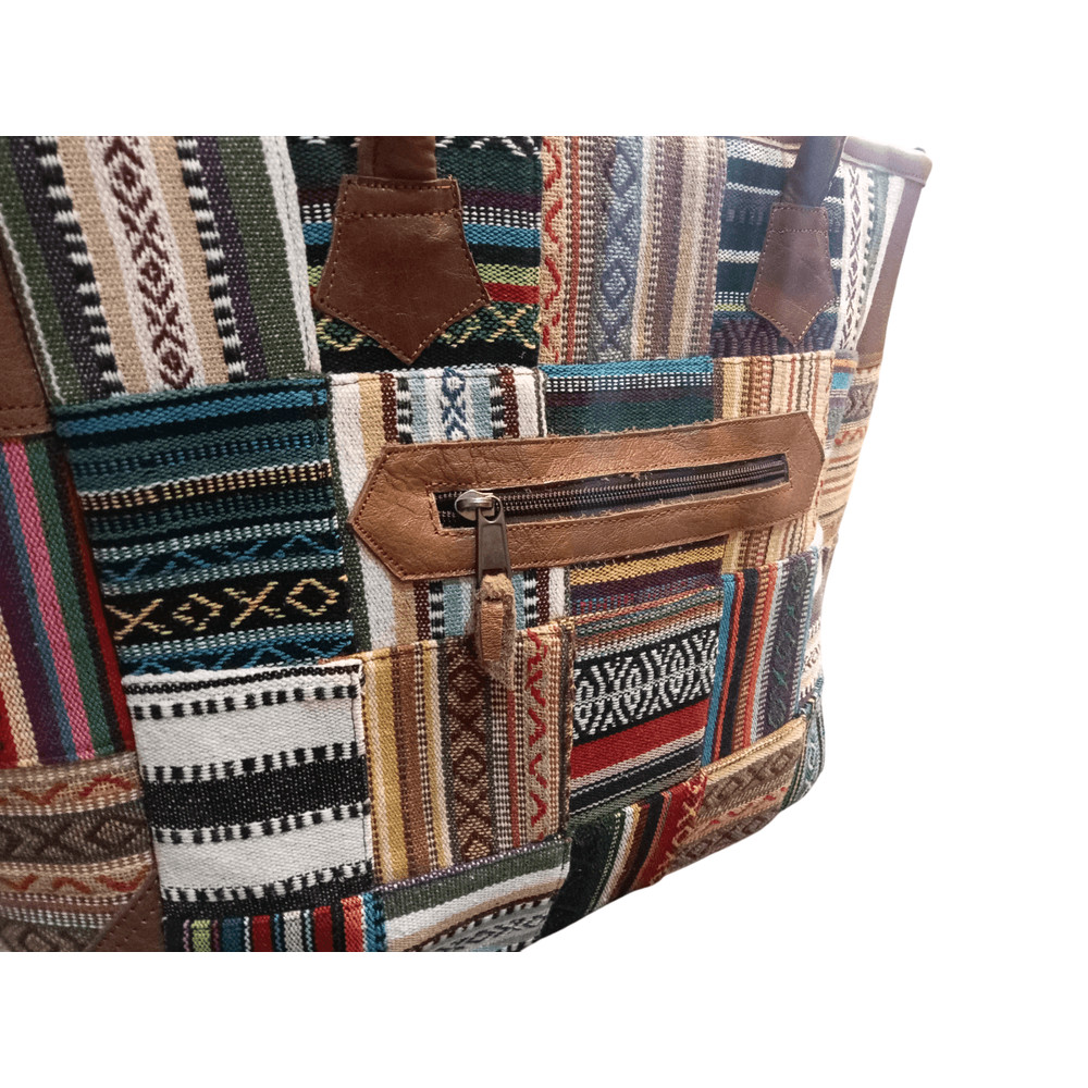 Vibrant Cotton Leather Patchwork Tote Bag MultiColor With Zipper Closure 4