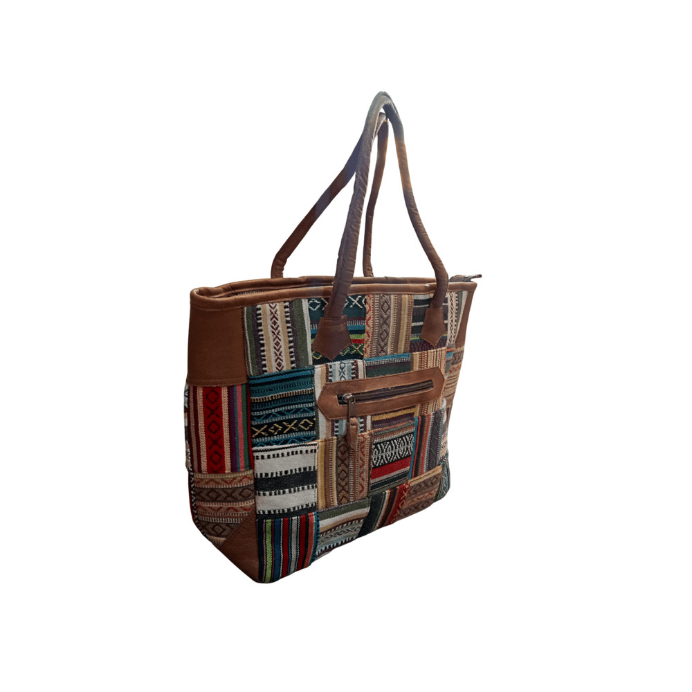 Vibrant Cotton Leather Patchwork Tote Bag MultiColor With Zipper Closure 5