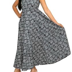 black flower fabric rajasthni hand bold print sleeveless long flared a line dress and gown for womens, by sci jk-02