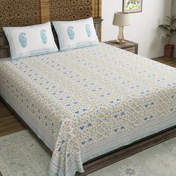blue yellow floral indian hand block print bedsheet and pillow covers for home decor, bedroom decorate, wedding gifts