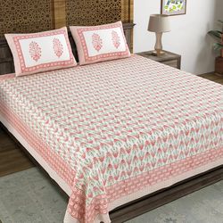 pink, white floral indian hand block print bedsheet and pillow covers for home decor, bedroom decorate, wedding gifts