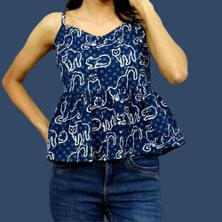 blue 100% cotton fabric rajasthni hand bold print sleeveless flared crop kurti tops for womens gift by sci ckt-01