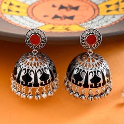 red black enamel fashion jhumki earrings stud silver brass with tribal art earrings jewelry, gift for women's - er-06