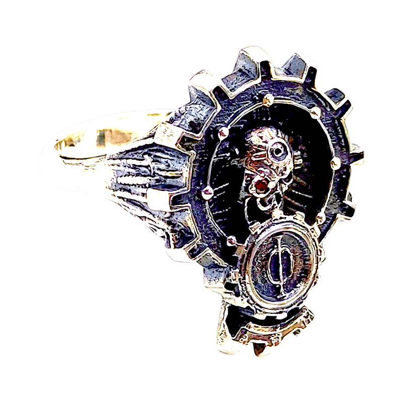 Mens Ring Adeptus Mechanicus Code AM2 Completely 925 Sterling Silver With Blackening Insert CZ 10