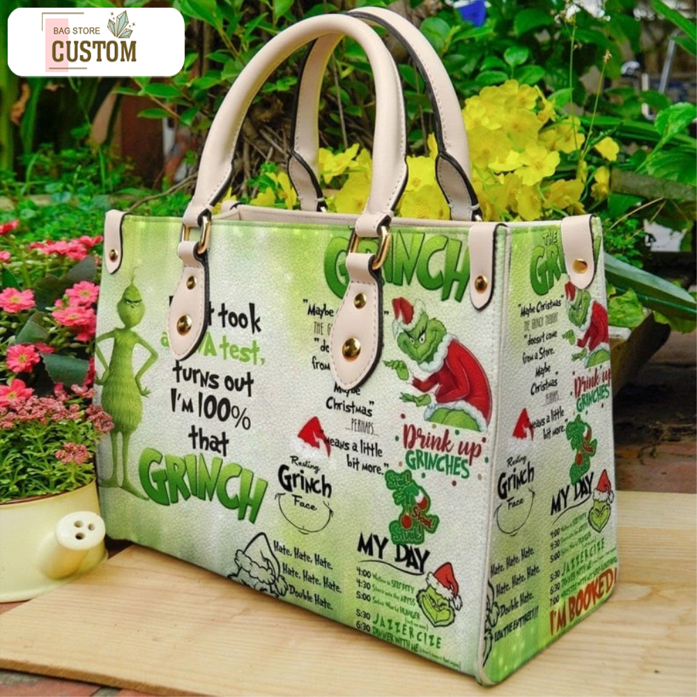 Grinch Christmas Leather Bag, Grinch Bags And Purses, Grinch Lover Handbag, Custom Leather Bag, Woman Handbag, Shopping Bag, Handmade Bag 1.jpg