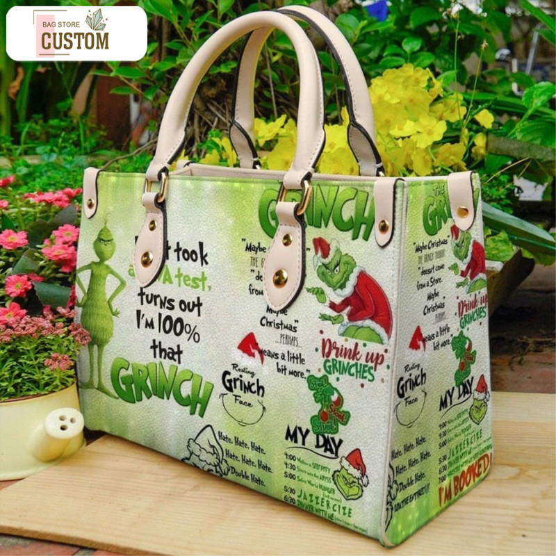Grinch Christmas Leather Bag, Grinch Bags And Purses, Grinch Lover Handbag, Custom Leather Bag, Woman Handbag, Shopping Bag, Handmade Bag 1.jpg