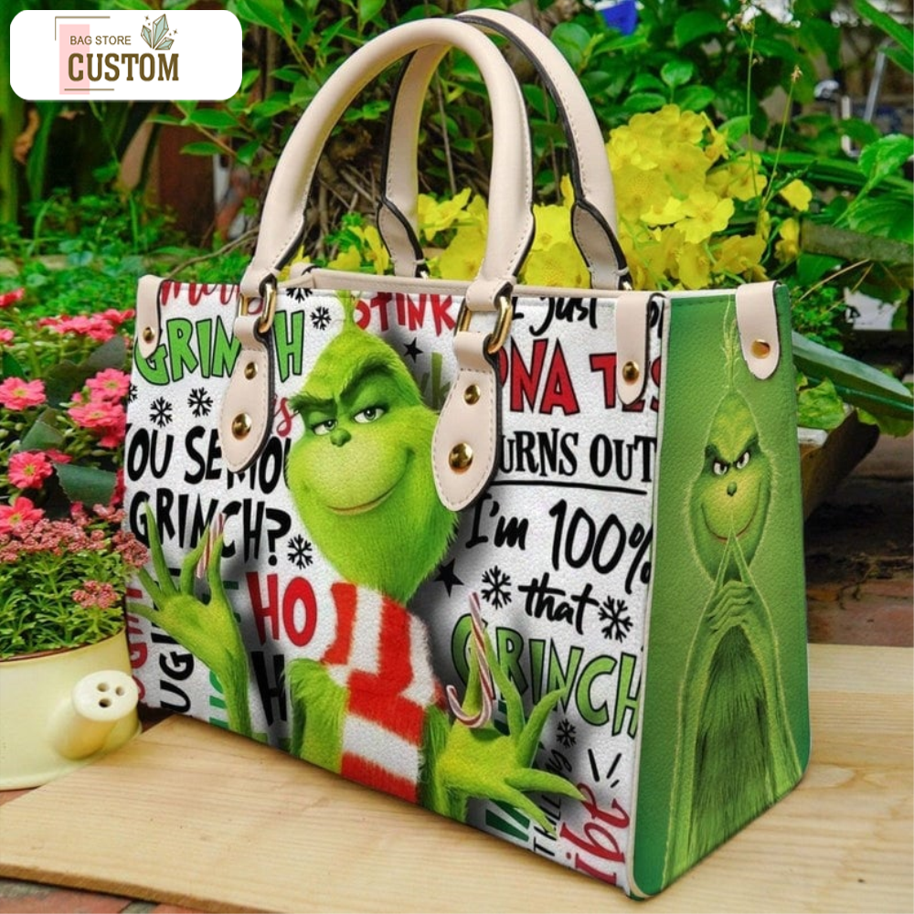 Grinch Christmas Leather Bag, Grinch Bags And Purses, Grinch Lover Handbag, Custom Leather Bag, Woman Handbag, Shopping Bag, Handmade Bag 2.jpg