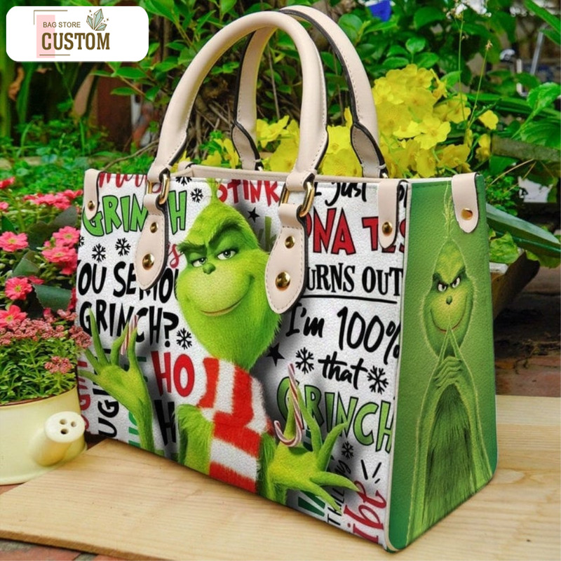 Grinch Christmas Leather Bag, Grinch Bags And Purses, Grinch Lover Handbag, Custom Leather Bag, Woman Handbag, Shopping Bag, Handmade Bag 2.jpg