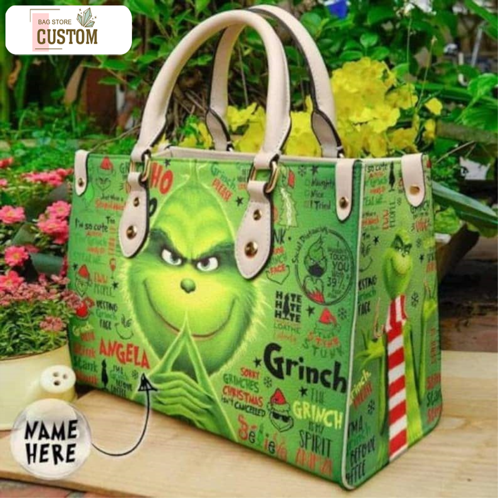 Grinch Christmas Leather Bag, Grinch Bags And Purses, Grinch Lover Handbag, Custom Leather Bag, Woman Handbag, Shopping Bag, Handmade Bag.jpg