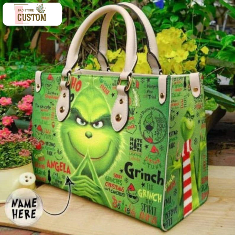 Grinch Christmas Leather Bag, Grinch Bags And Purses, Grinch Lover Handbag, Custom Leather Bag, Woman Handbag, Shopping Bag, Handmade Bag.jpg
