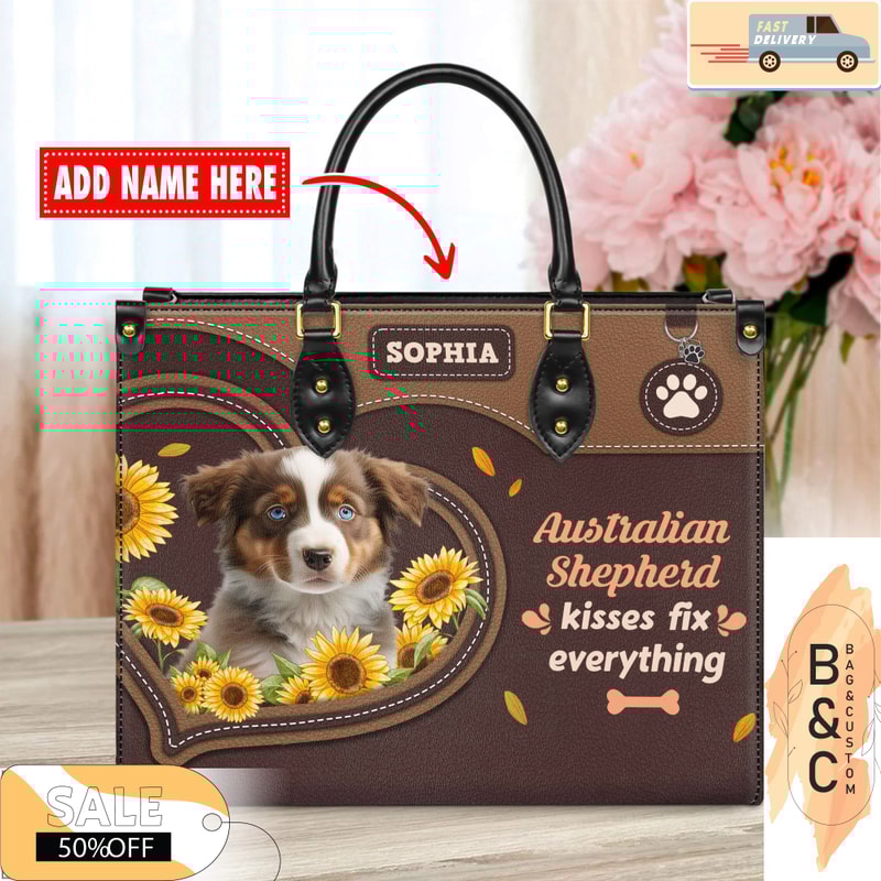 Australian Shepherd Dog Leather Handbag for Women, Gift for Her With Custom Name, Shoulder Tote Bag 2.jpg