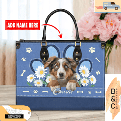 australian shepherd leather handbag for women, gift for her with custom namecustom bag, leather bag, leather bag gift, h