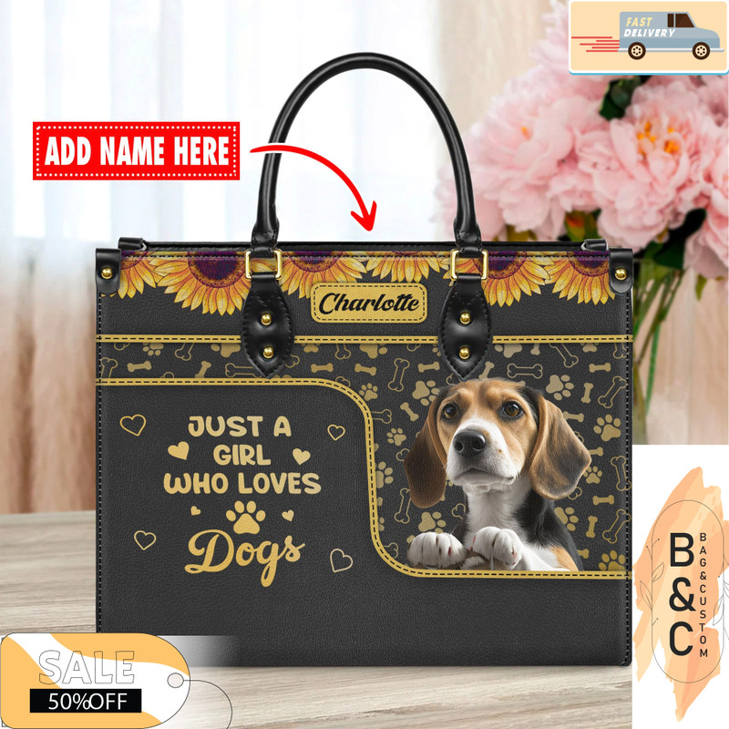 Beagle Dog Leather Handbag for Women, Gift for Her With Custom Name, Shoulder Tote Bag.jpg