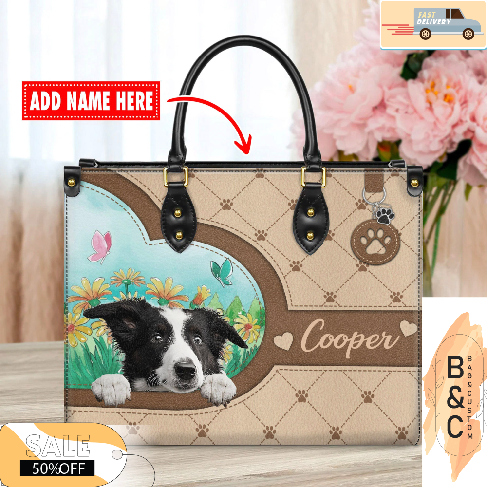 Border Collie Dog Leather Handbag for Women, Gift for Her With Custom Name, Shoulder Tote Bag 3.jpg